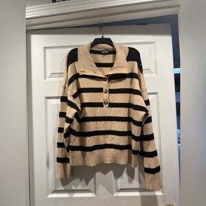 Striped button polo Neck Sweater - Black and Tan. size XL